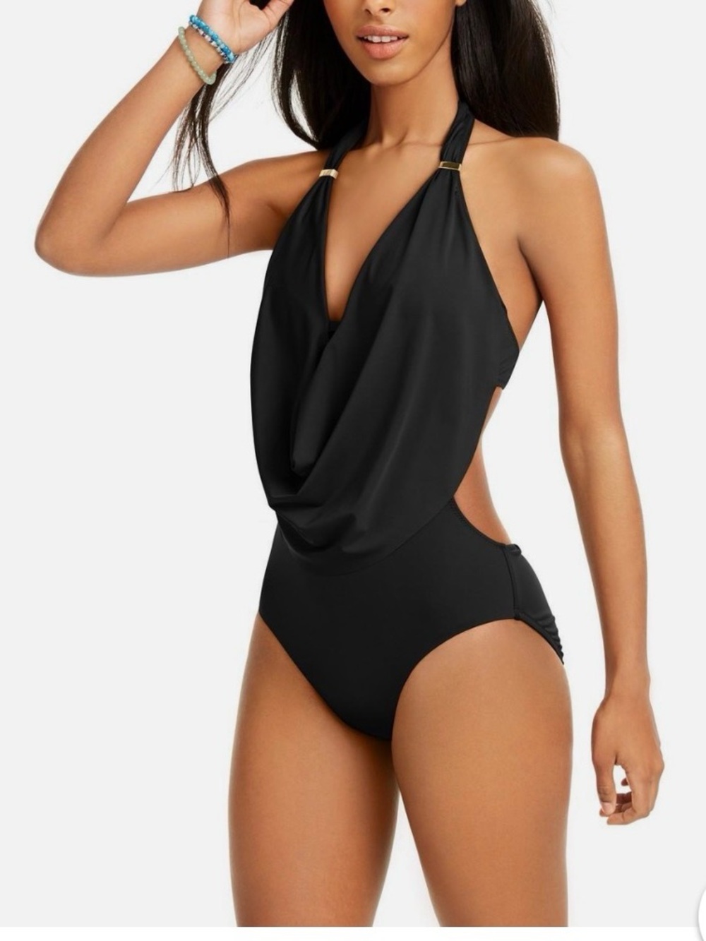 Bar III size large Black Draped Halter One-Piece Swimsuit EUC!!